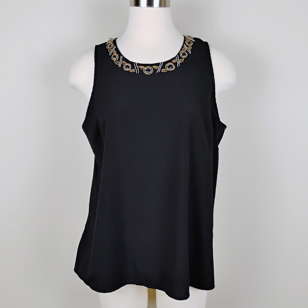 WD NY‎ Black Sleeveless Top Beaded Neckline Sz L A-line Silhouette Career Dressy
